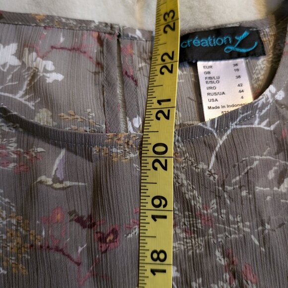 WOMEN'S SHIRT 4 Creation Blouse Floral Gray Pattern Hummingbird Flowy Sleeves - Picture 4 of 7